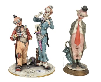 Capodimonte Grouping 2 Clown Musicians, Capodimonte and Single Hobo Clown