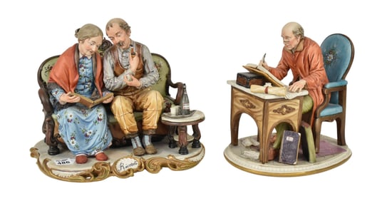 Capodimonte Couple Seated on Love Seat and Writer at Desk, 10"h x 11"w