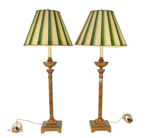 Pair of Decorative Stick form Painted Lamps with Tole Shades, 37"h