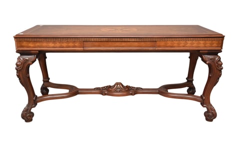 Mahogany Library Table with Marquetry Top Circle in Center and Checkered Border on Carved Stretcher,
