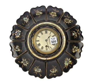 Lacquered Victorian Framed Wall Clock with Mother of Pearl Inlay Flowers with Key,  5"h x 13"w