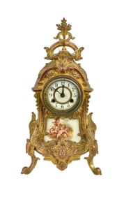 Antique French Bronze Shelf Clock with Painted Angel Porcelain Panel with Key, 15"h x 7"w x 5'd