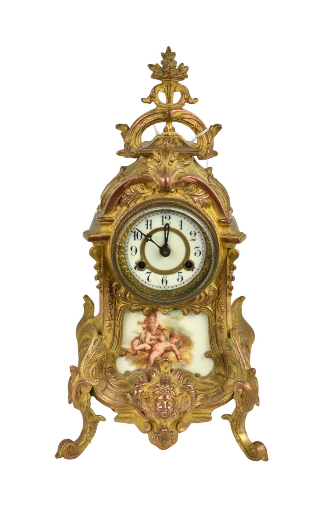 Antique French Bronze Shelf Clock with Painted Angel Porcelain Panel with Key, 15"h x 7"w x 5'd (1 of 9)
