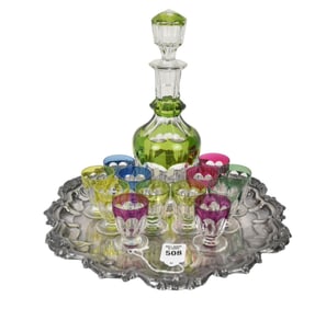 Decanter & 12 Cordials Assorted Colors Signed Hawley, Silverplate Tray Decanter, 10"h