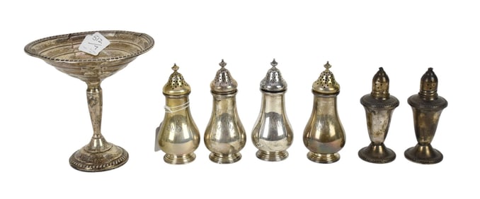 7 Pcs. - Assorted Silver Tablewares 4 Monogrammed Salt & Pepper Shakers, 3 Weighted Pieces 9 OZT