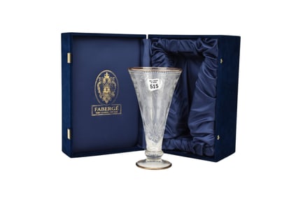 Faberge Cut Glass Vase in Fitted Original Blue Case, 9"h x 5"w