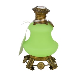 Victorian Green Satin Glass Perfume Bottle with Brass Fittings, 5"h