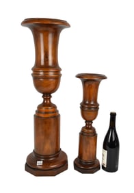 2 Theodore Alexander Turned Wood Pedestal Vases, 29"h x 9"w, 19"h x 6"w