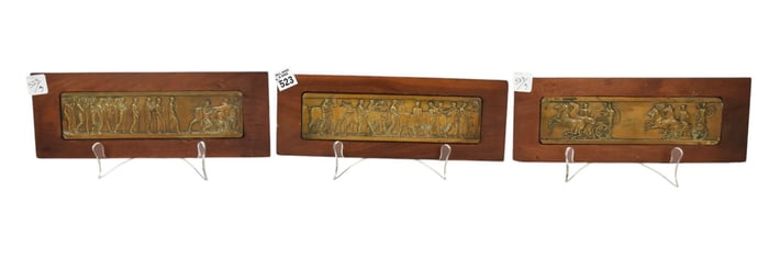 3 Vintage Framed Bronze Plaques in Relief, 4 1/2"h x 12"w