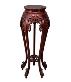 Asian Rosewood Style Pedestal Deep Carved Apron with Pierced Lower Shelf, 42"h x 12"d