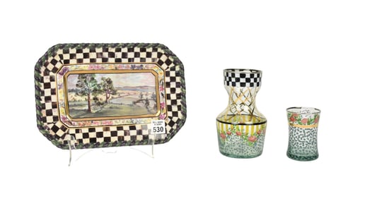 3 pcs. MacKenzie Childs Ceramic Small Tray, 10"w with Glass 6"h Vase and 3 1/2" h Glass Tumbler