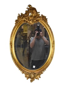 French Oval Gilded Frame Mirror Scrolls, Leaves & Flowers at Crest, 41"h x 19"w