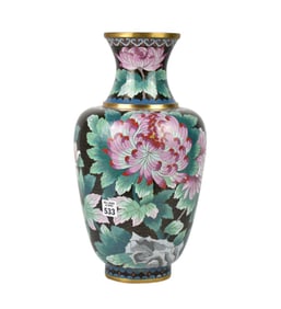 Cloisonne Large Peonies Vase on Black Ground, 16"h