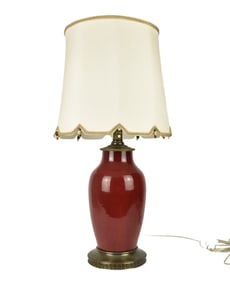 Ox Blood Vase Form Porcelain Table Lamp with Shade, 31"h to top of shade