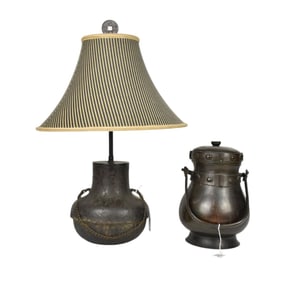 A Japanese Bronze Vessel, Together with a Lamp - An antique Japanese patinated bronze covered