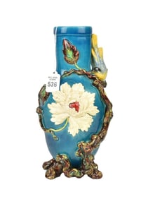 Antique Continental Majolica Vase, Turquoise Glazed with Bird & Floral - An antique Majolica vase