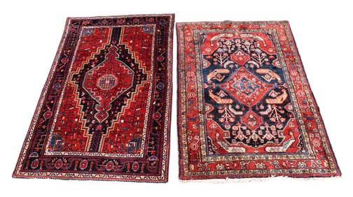 2 RUGS: Oriental Persian Rug / Carpet . Red and blues with 4 birds around center and 2 Peacocks on