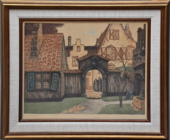 19 century Dutch Village colored etching site 20 x 24 1/2?? overall frame size 28 1/2 x 33 1/2
