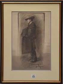 Gerrit A. Beneker (1882-1934 American) Graphite/Chalk Drawing, Gentleman in coat. 17 x 10-1/2 sight.