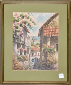 Mexican Village Street Scene, image size 12-1/2  x 9-1/2 inches. Signed Chicho- Taxcoi, overall