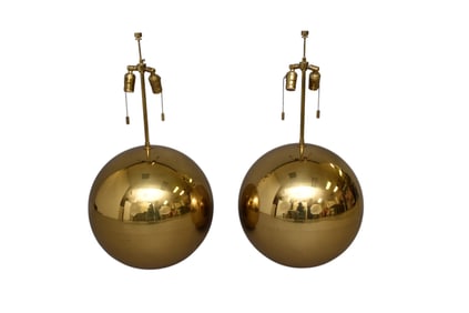 Pr. of Mid Century Karl Springer Lamps, Oversized Pollished Brass Orbs, 30"h x 18"dia