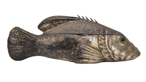 Silver Metal Fish Form Container, with Gold Color Wash Interior, Signed Franco Lapini 11"h x 27"w