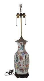 Chinese Porcelain Famille Verte Lamp, 19th c. Multiple Figures in Celebration with Dragon & Boat, 37