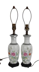 Pair Chinese Porcelain Lamps, Floral on White Ground, 24"h to top of harp