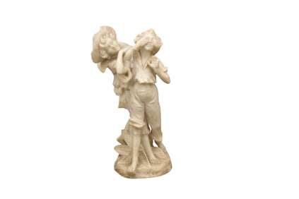 Marble Sculpture Grouping, "Blind Man Bluff" 27"h (finger damage & Chips on Hat)