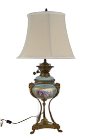 Bronze Mounted French Porcelain Oil Lamp (Converted) with Painted Landscape Scenes, 28"h