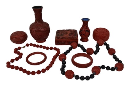 Collection Of Vintage Cinnabar Boxes & 2 Necklaces/Bracelet