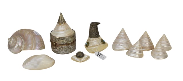 Collection of Mother of Pearl Seashells, Some with Metal Mounts, Some Boxes