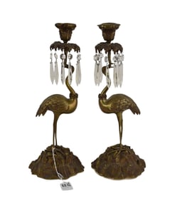 Pair Brass/Bronze Ostrich Candlesticks with Prisms, 15"h x 6"w