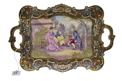 French Bronze Enameled & Porcelain Painted Tray, Impressed FES, Signed Illegibly