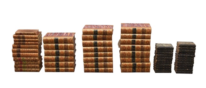 Antique Leather Bound Book Collection, Marbleized Edges, Thackeray's works, Plays by Thomas Dibden