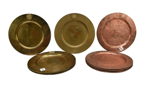 8 Brass (11 1/2"d) Dinner Plates with Starburst Accents and 6 Copper (113/4d) Dinner Plates