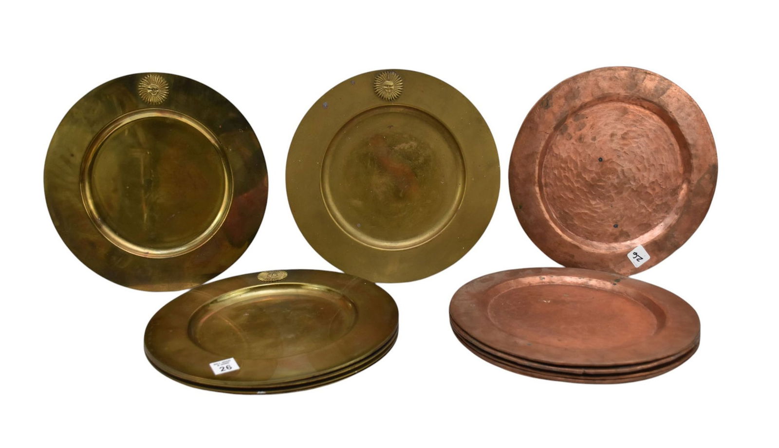 8 Brass (11 1/2"d) Dinner Plates with Starburst Accents and 6 Copper (113/4d) Dinner Plates: 8 Brass (11 1/2"d) Dinner Plates with Starburst Accents and 6 Copper (113/4d) Dinner Plates