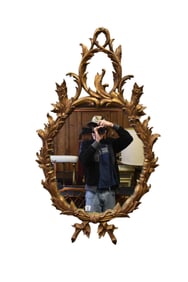 Antique Oval Mirror Carved Scroll and Laurel Leaf Gilded Frame