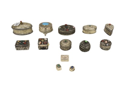 10 Persian Silver Miniature Boxes Most with Semi Precious Stones