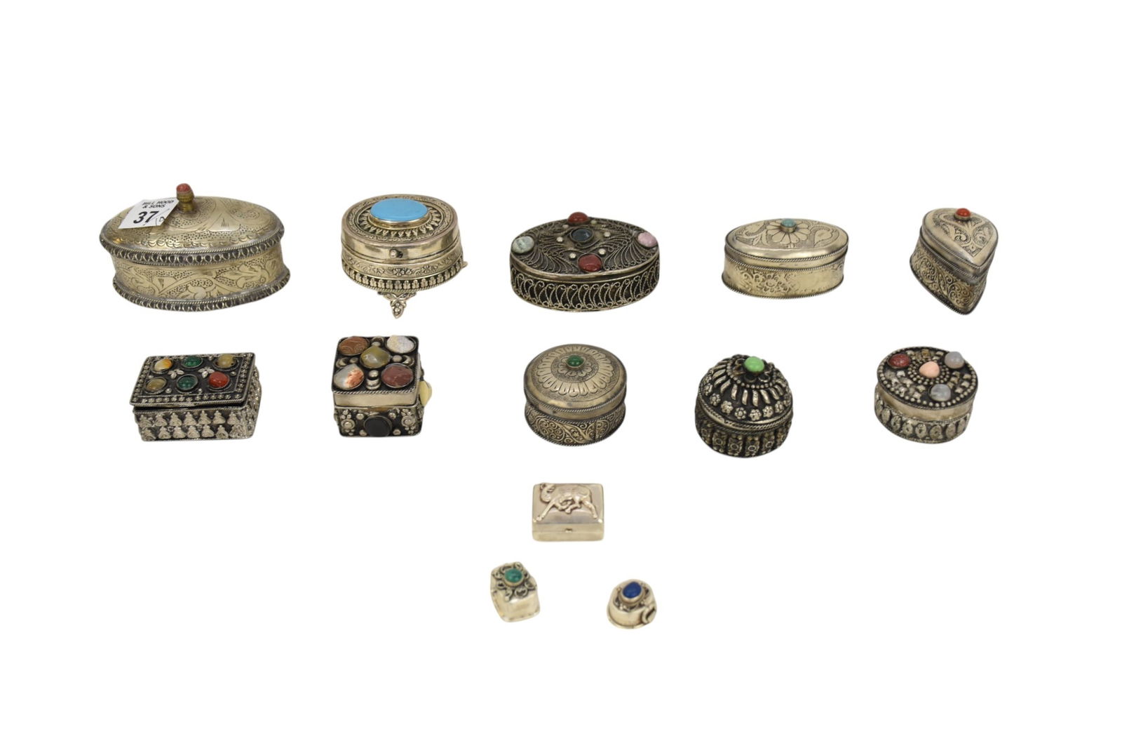 10 Persian Silver Miniature Boxes Most with Semi Precious Stones: 10 Persian Silver Miniature Boxes Most with Semi Precious Stones