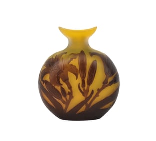 Antique Emile Galle Cabinet Vase, Floral design yellow with Brown. 5-1/2h x 5 wide inches