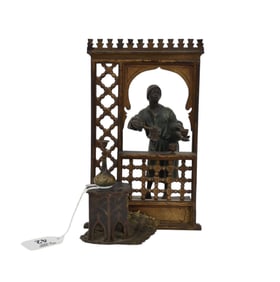 Antique Austrian Bronze, Cold Painted Bronze stamped Geschutz, Inkwell with Young Man Serving