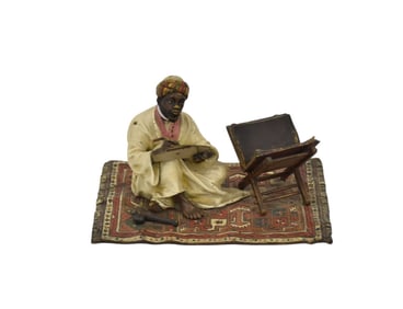 Franz Bergman (Austrian 1861-1936) Cold Painted Bronze Seated Scribe on carpet. 3 1/2"h x 6"w x 4"d