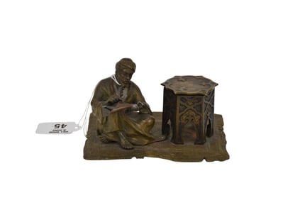 Franz Bergman (Austrian 1861-1936) Cold Painted Antique Bronze, stamped "B". Seated Scribe/Inkwell,