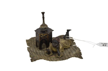 Franz Bergman (Austrian 1861-1936) Cold Painted Antique Bronze, Inkwell Young Man reading.