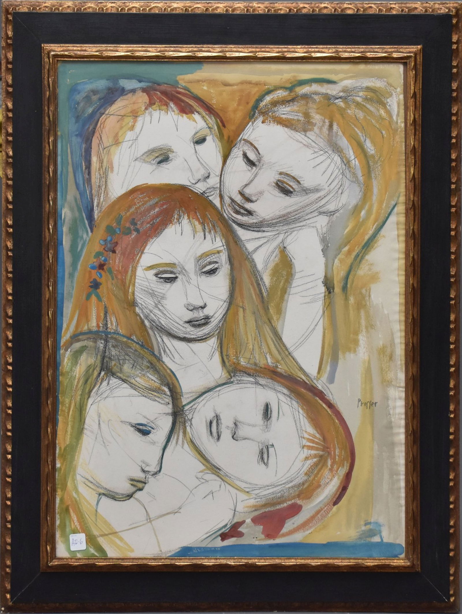 Josef Presser (American 1907-1967) Mixed Media Painting on Paper. 5 young girls. Framed 38 x: Josef Presser (American 1907-1967) Mixed Media Painting on Paper. 5 young girls. Framed 38 x 29-11/2 inches. Sight size 30-1/2 x 22 inches Fontana Gallery PA