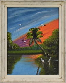 Al Black (B. 1947) Florida Highwaymen Painting, oil on Masonite, Sunset River Scene. Signed lower