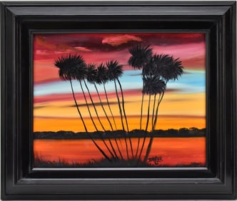 Highway-woman Doretha Hair. Oil on Masonite board, SUNSET, signed D. Hair '21. 11 x 14 inches. 16 x