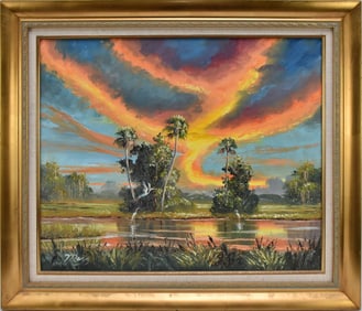 MARK MAZZARELLA FLORIDA LANDSCAPE OIL ON CANVAS, Highwaymen School, "Firesky" Signed and Dated Lower
