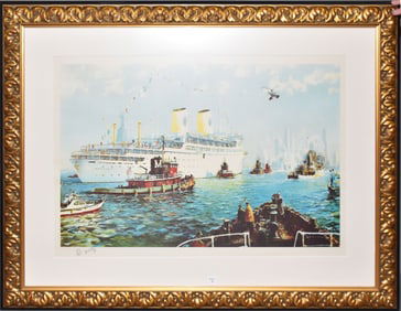 Jack Lorimer Gray (American, 1927-1981) Color Lithograph New York Harbor -Gripsholm Cruise Ship and